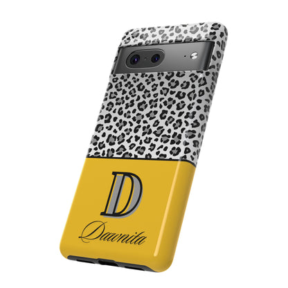 Gray Leopard Print and Yellow Personalized Name Phone Case - for iPhone, Samsung, and Google Phones