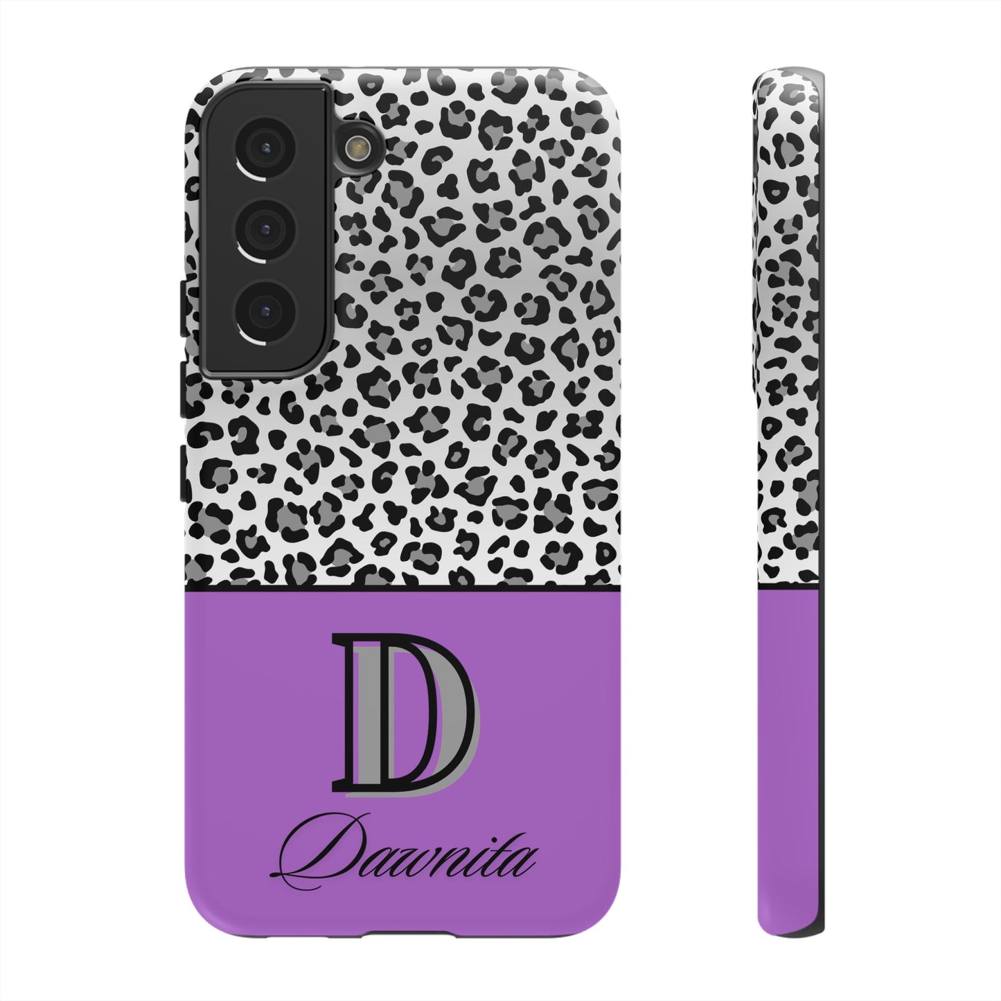 Gray Leopard Print and Purple Personalized Name Phone Case - for iPhone, Samsung, and Google Phones