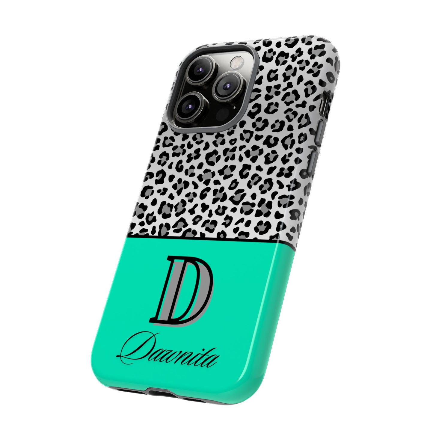 Gray Leopard Print and Teal Personalized Name Phone Case - for iPhone, Samsung, and Google Phones