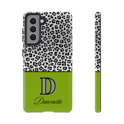 Gray Leopard Print and Green Personalized Name Phone Case - for iPhone, Samsung, and Google Phones