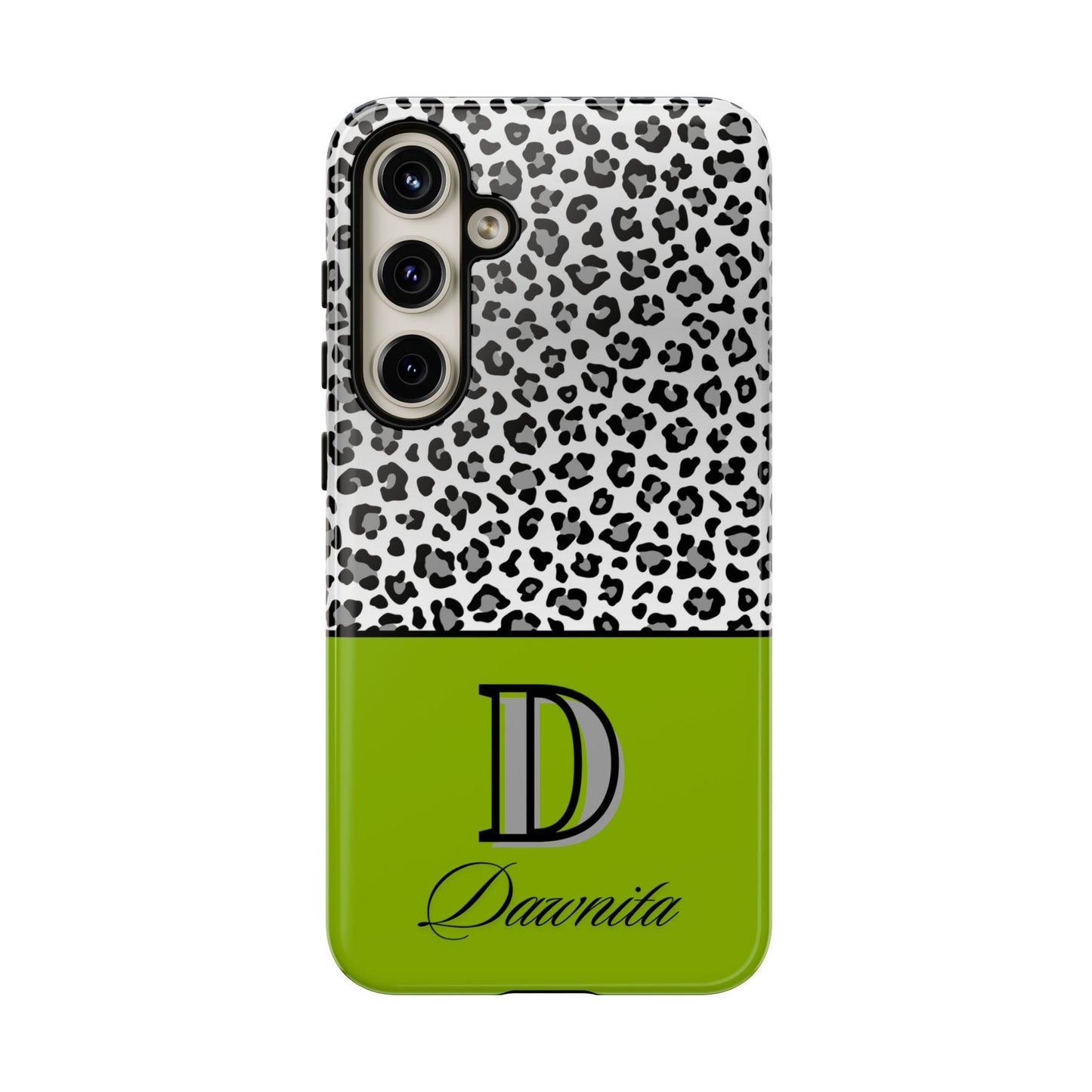 Gray Leopard Print and Green Personalized Name Phone Case - for iPhone, Samsung, and Google Phones