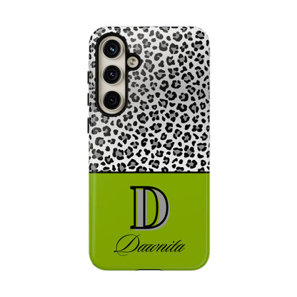 Gray Leopard Print and Green Personalized Name Phone Case - for iPhone, Samsung, and Google Phones