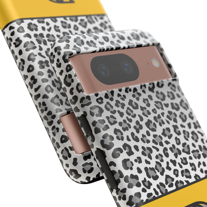 Gray Leopard Print and Yellow Personalized Name Phone Case - for iPhone, Samsung, and Google Phones