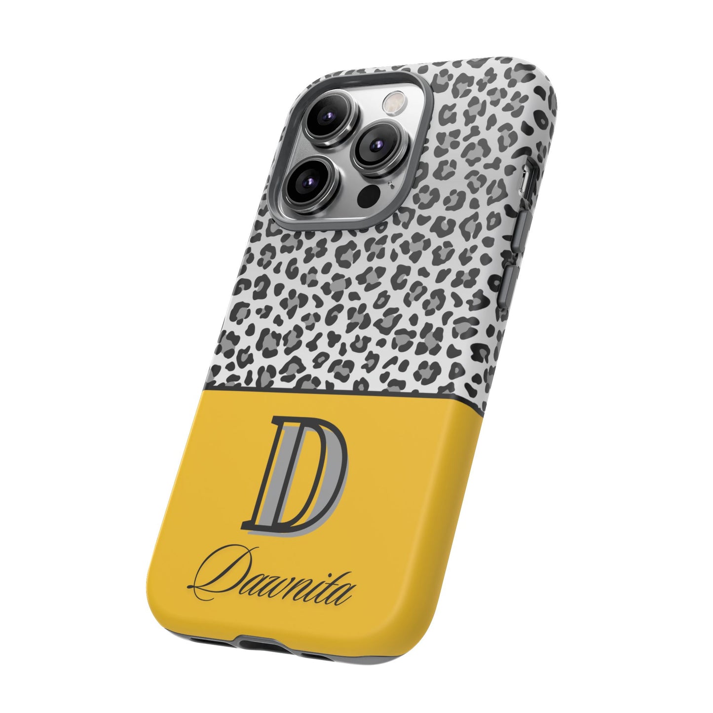 Gray Leopard Print and Yellow Personalized Name Phone Case - for iPhone, Samsung, and Google Phones