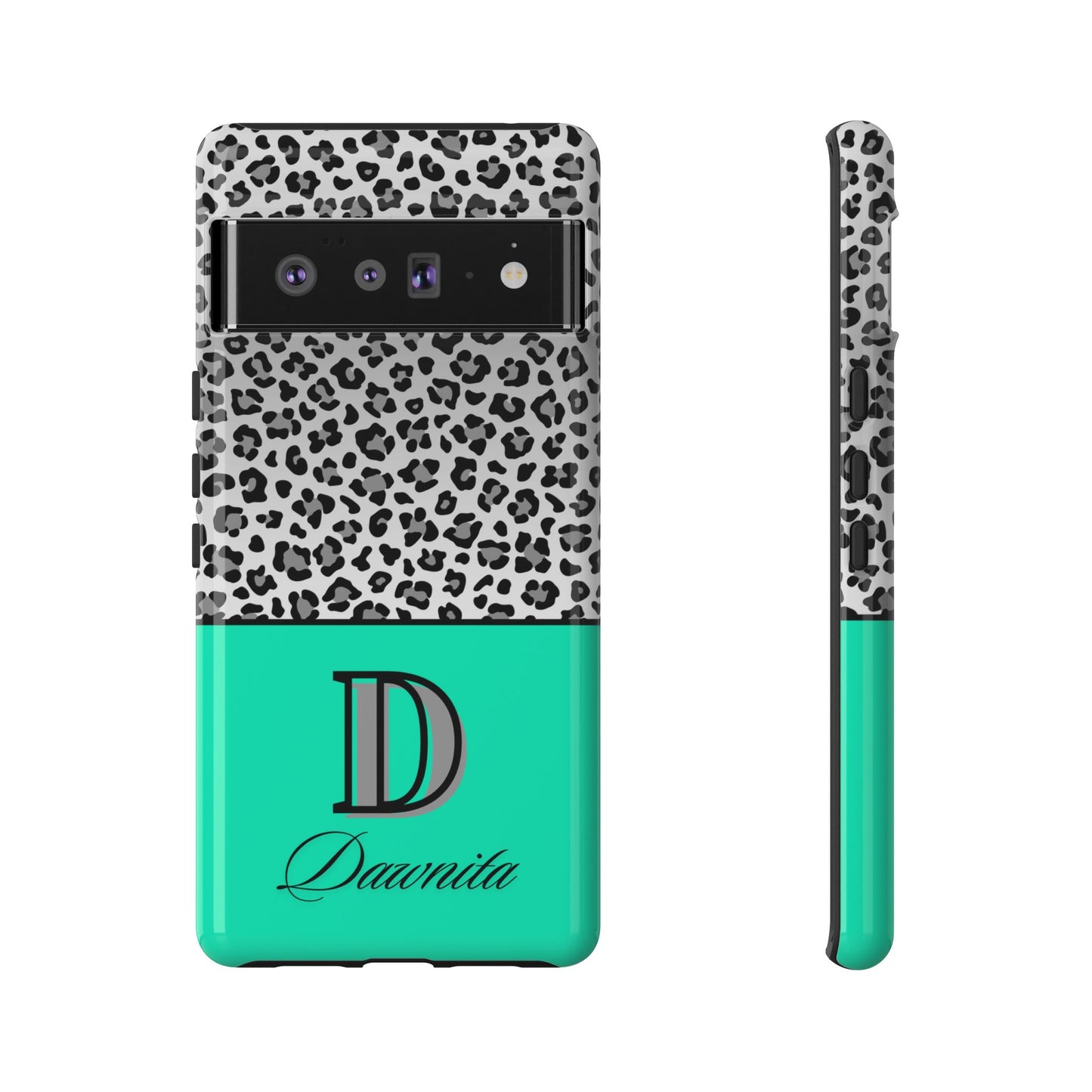 Gray Leopard Print and Teal Personalized Name Phone Case - for iPhone, Samsung, and Google Phones