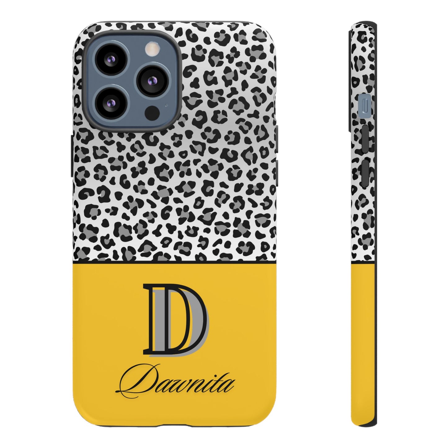 Gray Leopard Print and Yellow Personalized Name Phone Case - for iPhone, Samsung, and Google Phones