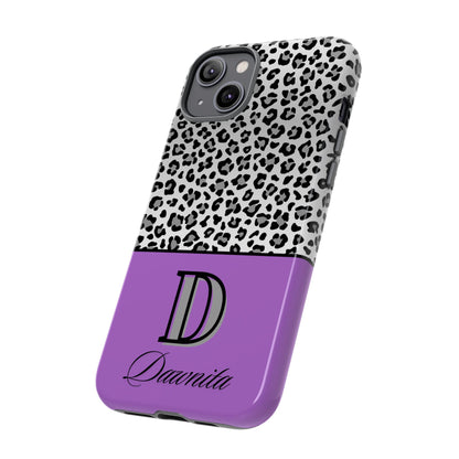 Gray Leopard Print and Purple Personalized Name Phone Case - for iPhone, Samsung, and Google Phones