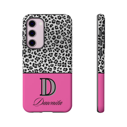 Gray Leopard Print and Pink Personalized Name Phone Case - for iPhone, Samsung, and Google Phones