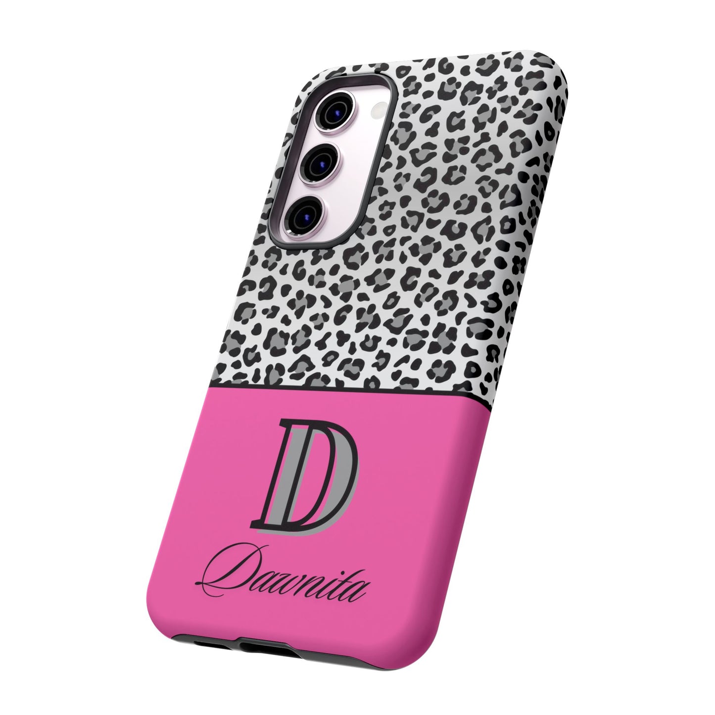 Gray Leopard Print and Pink Personalized Name Phone Case - for iPhone, Samsung, and Google Phones