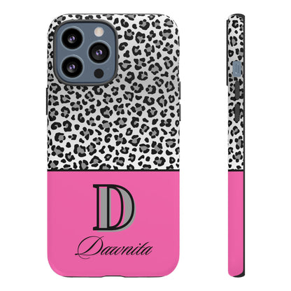 Gray Leopard Print and Pink Personalized Name Phone Case - for iPhone, Samsung, and Google Phones