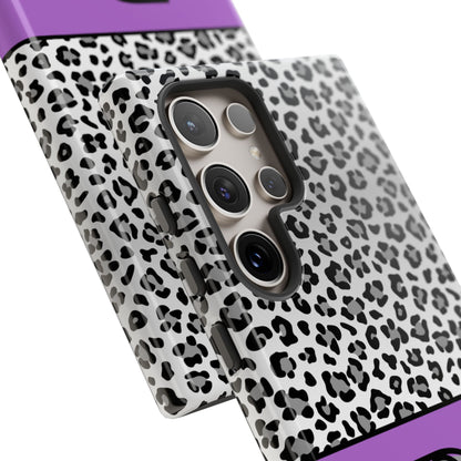 Gray Leopard Print and Purple Personalized Name Phone Case - for iPhone, Samsung, and Google Phones