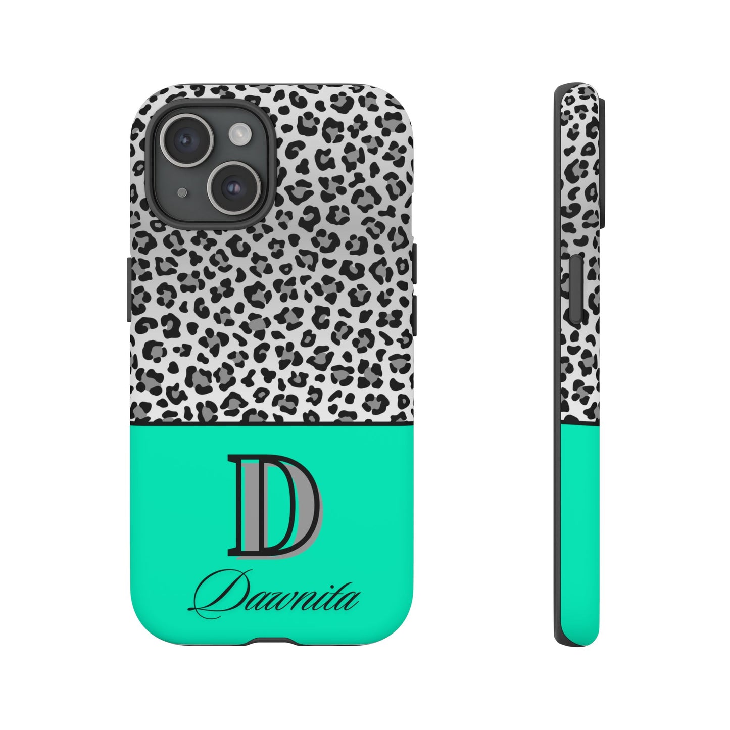 Gray Leopard Print and Teal Personalized Name Phone Case - for iPhone, Samsung, and Google Phones