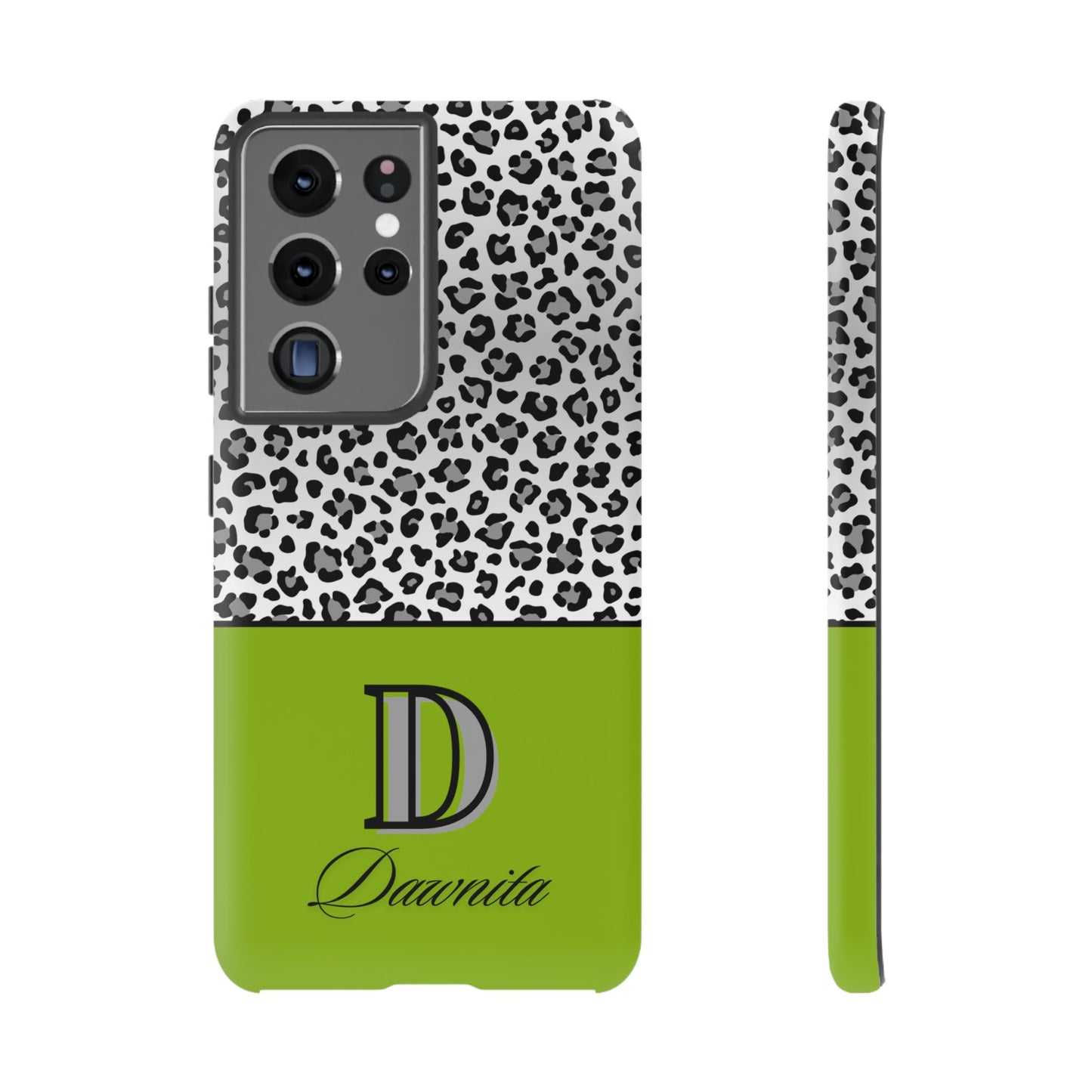 Gray Leopard Print and Green Personalized Name Phone Case - for iPhone, Samsung, and Google Phones