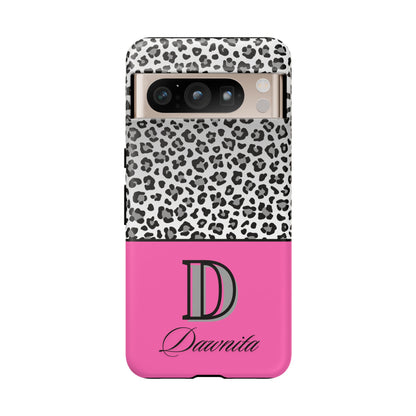 Gray Leopard Print and Pink Personalized Name Phone Case - for iPhone, Samsung, and Google Phones