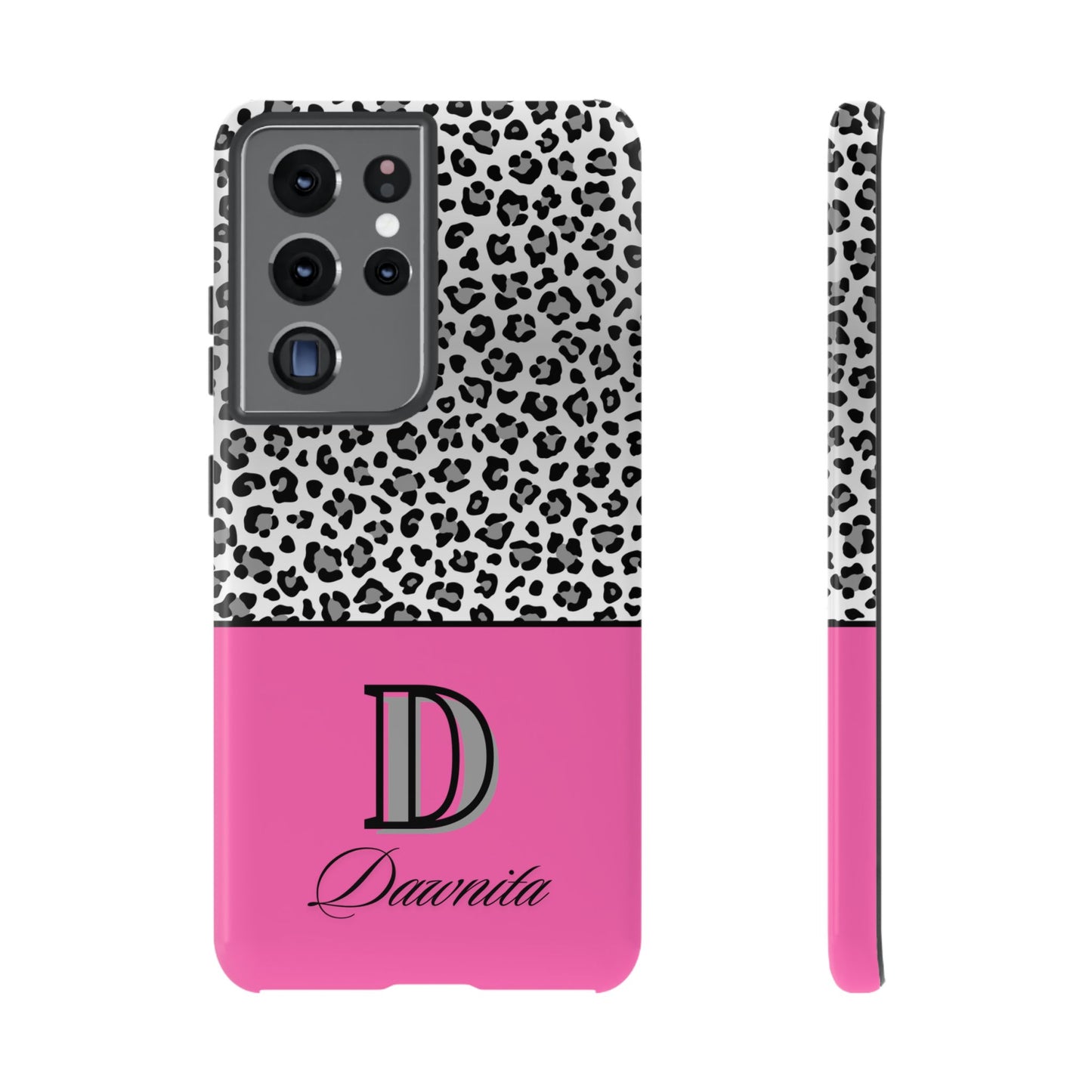 Gray Leopard Print and Pink Personalized Name Phone Case - for iPhone, Samsung, and Google Phones