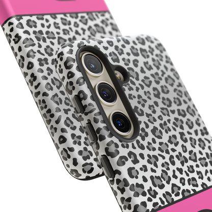 Gray Leopard Print and Pink Personalized Name Phone Case - for iPhone, Samsung, and Google Phones