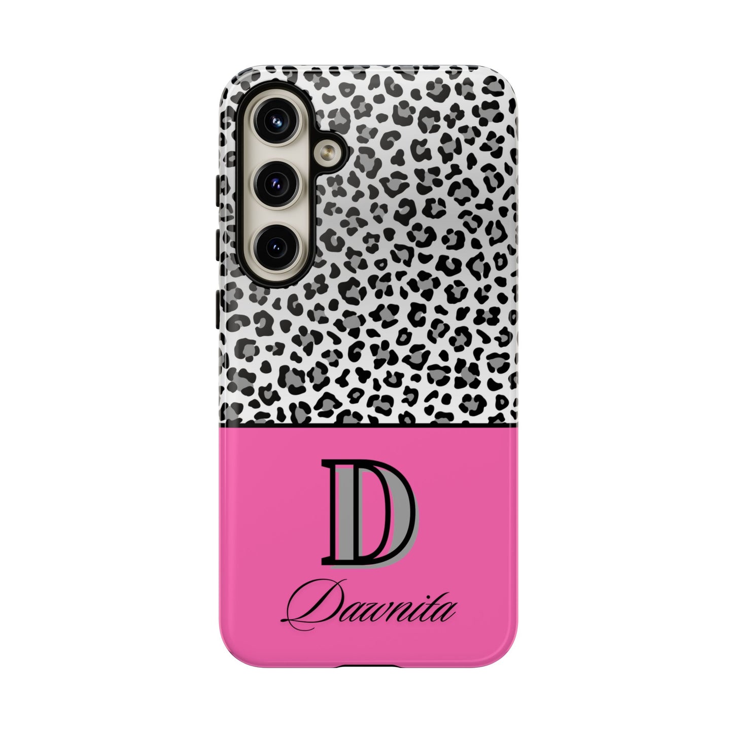 Gray Leopard Print and Pink Personalized Name Phone Case - for iPhone, Samsung, and Google Phones