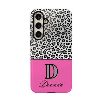 Gray Leopard Print and Pink Personalized Name Phone Case - for iPhone, Samsung, and Google Phones