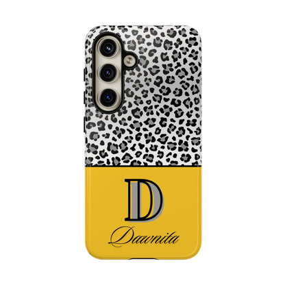 Gray Leopard Print and Yellow Personalized Name Phone Case - for iPhone, Samsung, and Google Phones