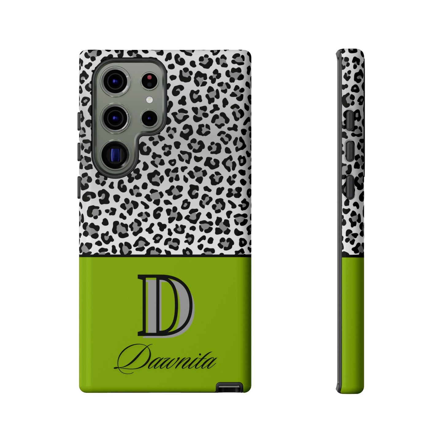 Gray Leopard Print and Green Personalized Name Phone Case - for iPhone, Samsung, and Google Phones