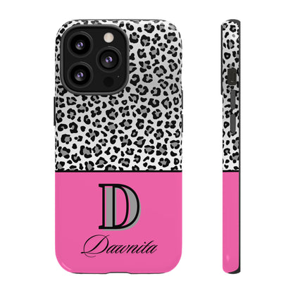 Gray Leopard Print and Pink Personalized Name Phone Case - for iPhone, Samsung, and Google Phones