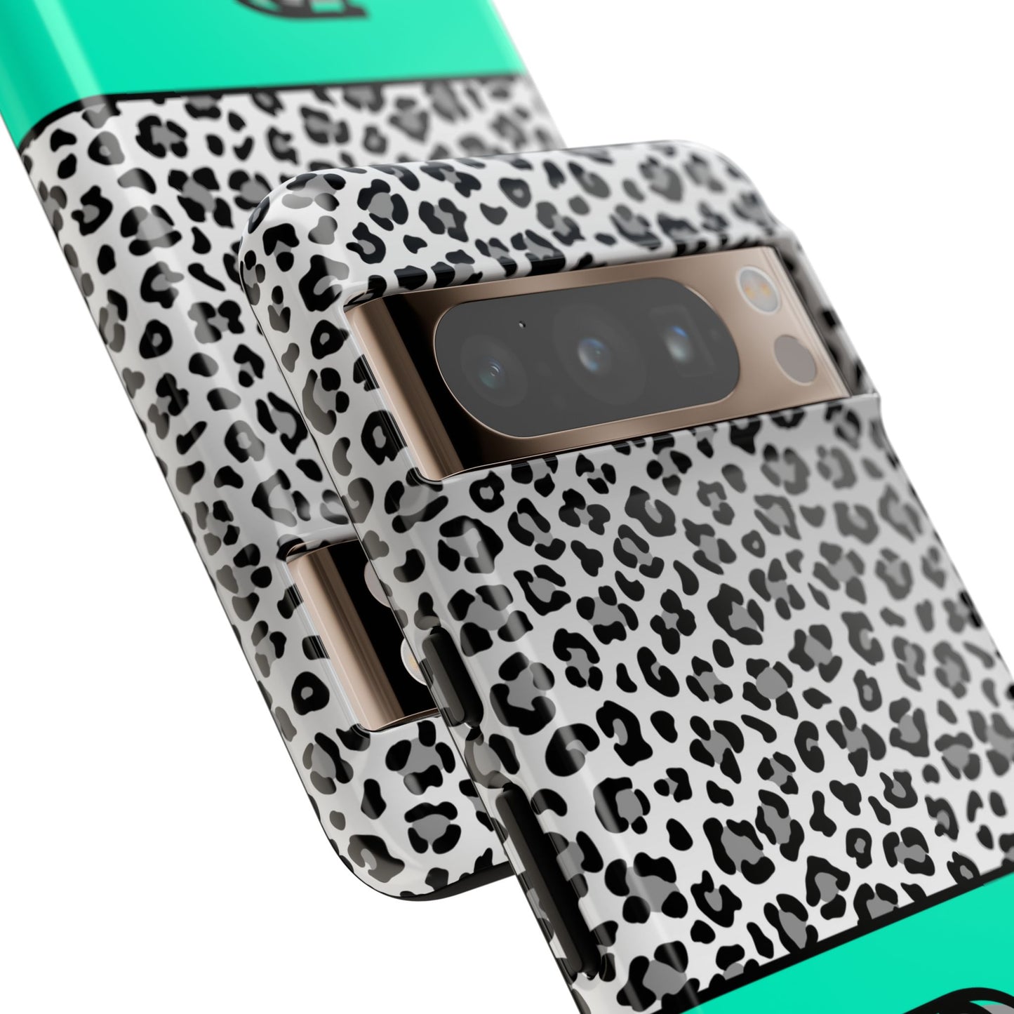 Gray Leopard Print and Teal Personalized Name Phone Case - for iPhone, Samsung, and Google Phones