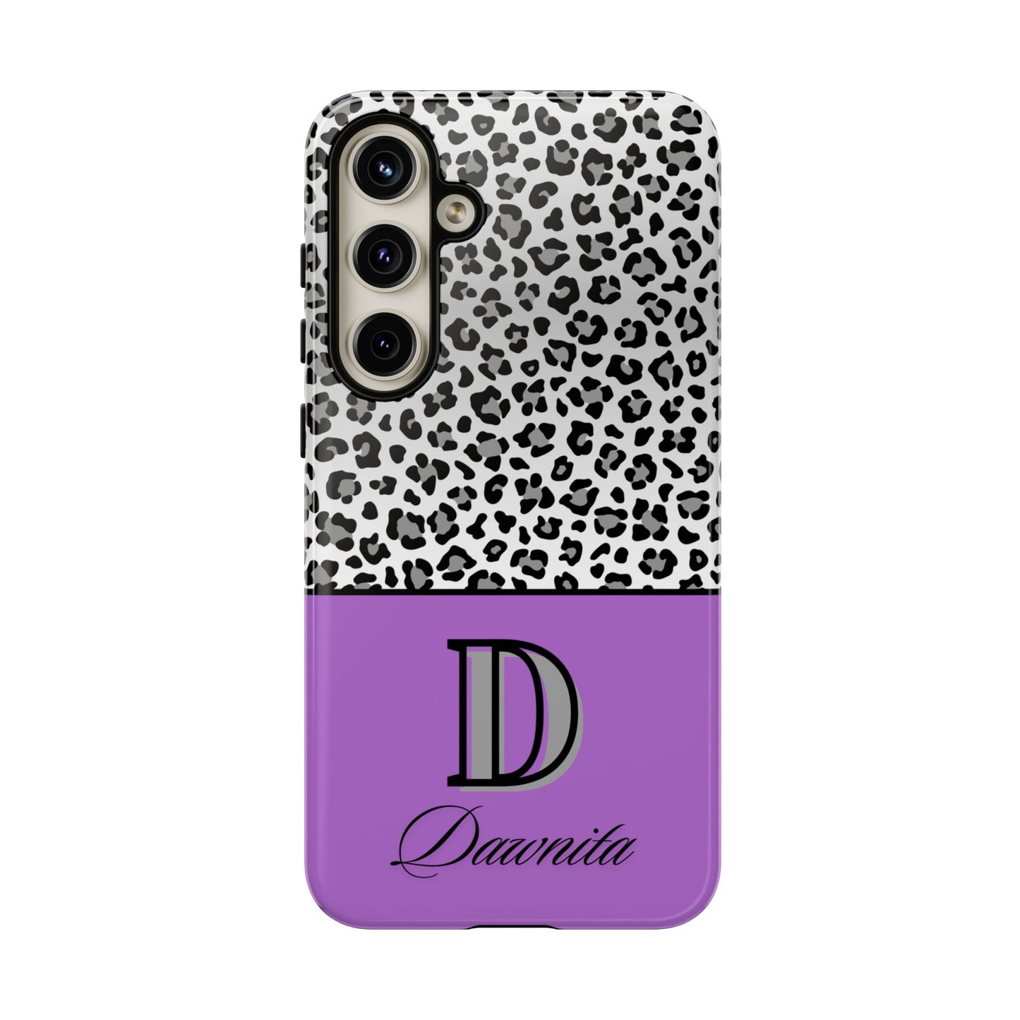 Gray Leopard Print and Purple Personalized Name Phone Case - for iPhone, Samsung, and Google Phones