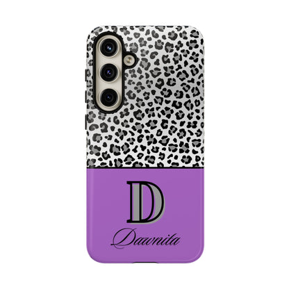 Gray Leopard Print and Purple Personalized Name Phone Case - for iPhone, Samsung, and Google Phones