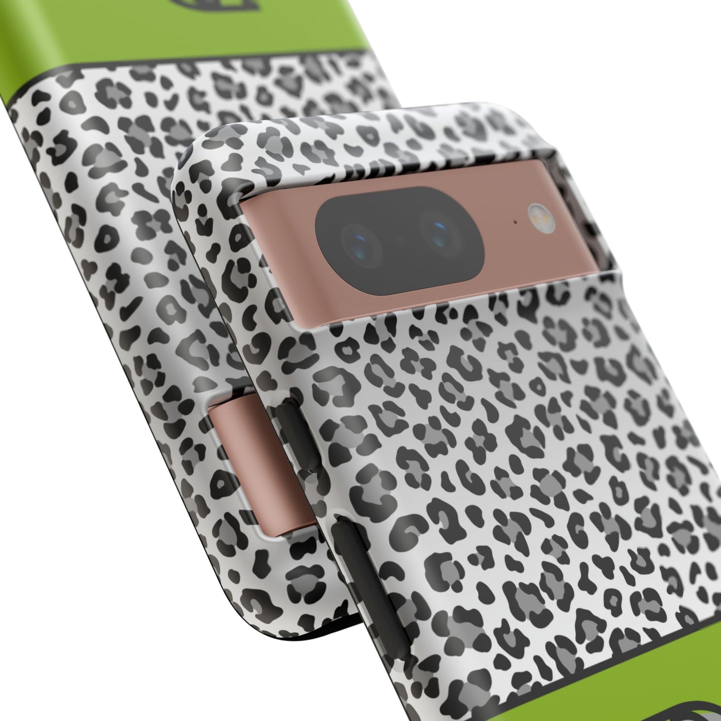 Gray Leopard Print and Green Personalized Name Phone Case - for iPhone, Samsung, and Google Phones