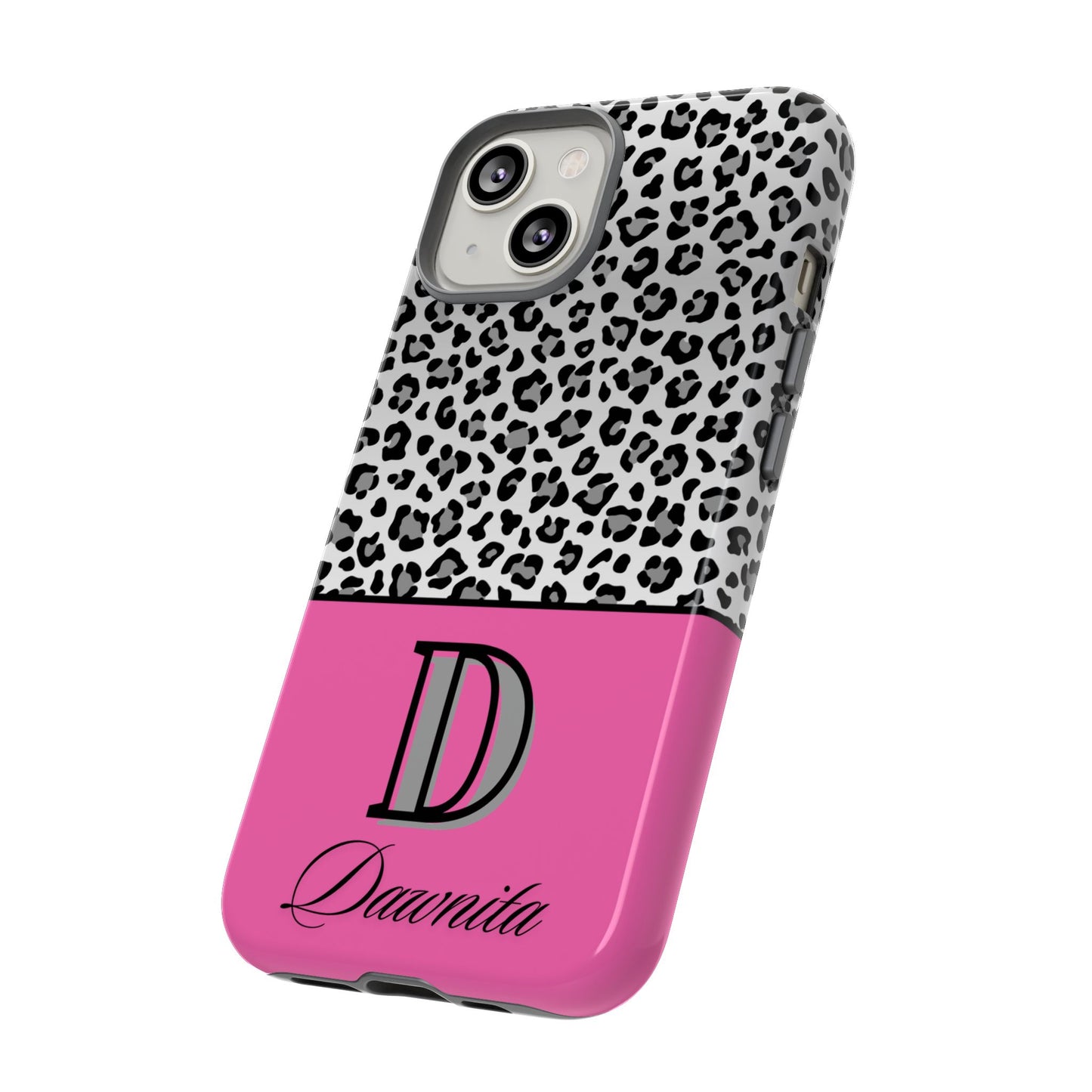 Gray Leopard Print and Pink Personalized Name Phone Case - for iPhone, Samsung, and Google Phones