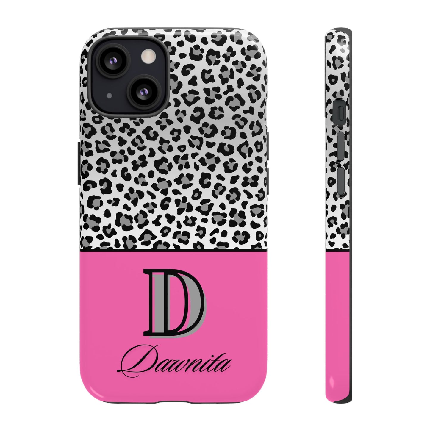 Gray Leopard Print and Pink Personalized Name Phone Case - for iPhone, Samsung, and Google Phones