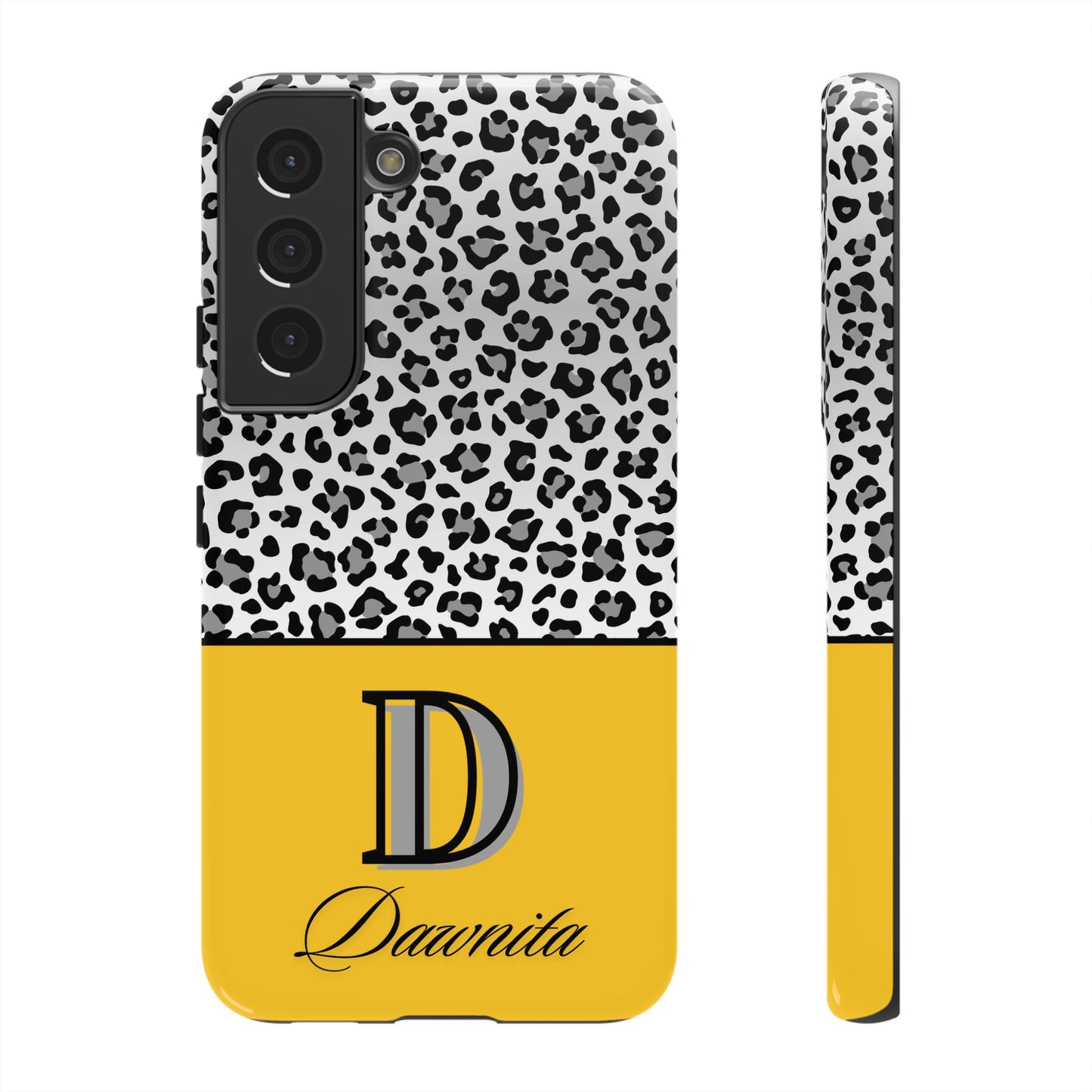 Gray Leopard Print and Yellow Personalized Name Phone Case - for iPhone, Samsung, and Google Phones