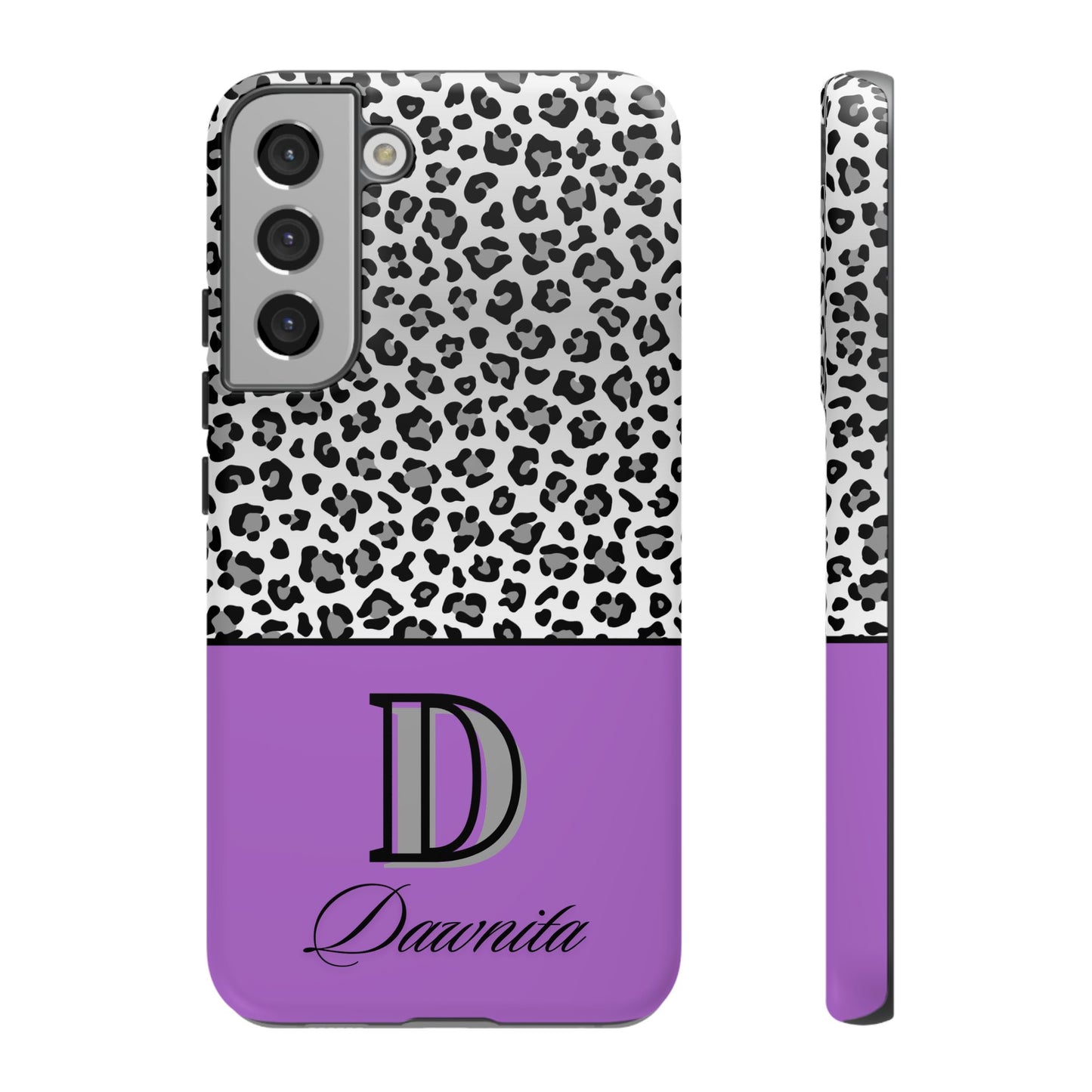 Gray Leopard Print and Purple Personalized Name Phone Case - for iPhone, Samsung, and Google Phones