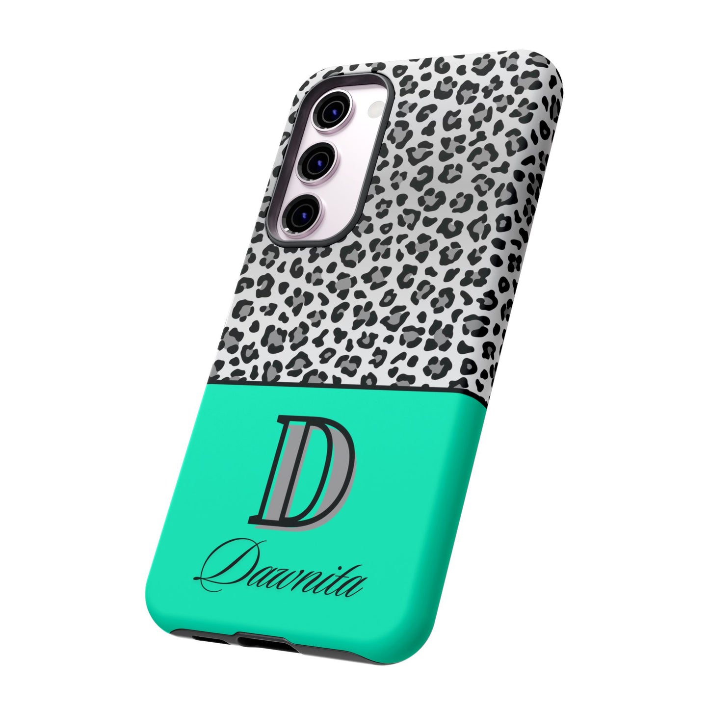 Gray Leopard Print and Teal Personalized Name Phone Case - for iPhone, Samsung, and Google Phones