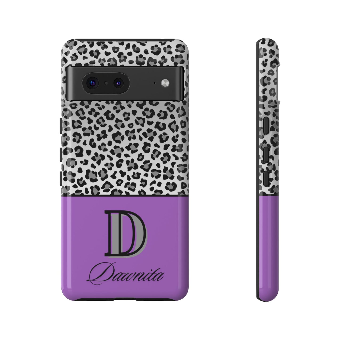 Gray Leopard Print and Purple Personalized Name Phone Case - for iPhone, Samsung, and Google Phones