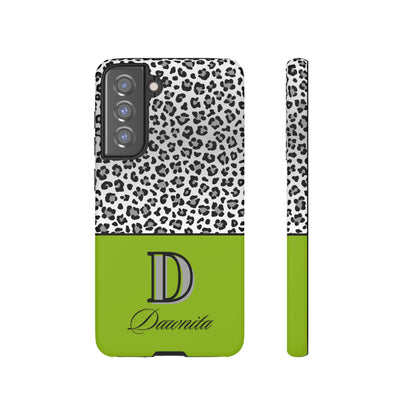 Gray Leopard Print and Green Personalized Name Phone Case - for iPhone, Samsung, and Google Phones