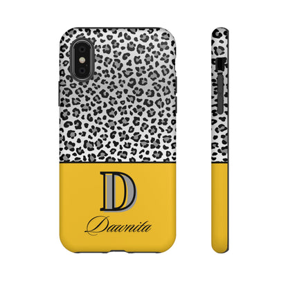 Gray Leopard Print and Yellow Personalized Name Phone Case - for iPhone, Samsung, and Google Phones