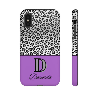 Gray Leopard Print and Purple Personalized Name Phone Case - for iPhone, Samsung, and Google Phones