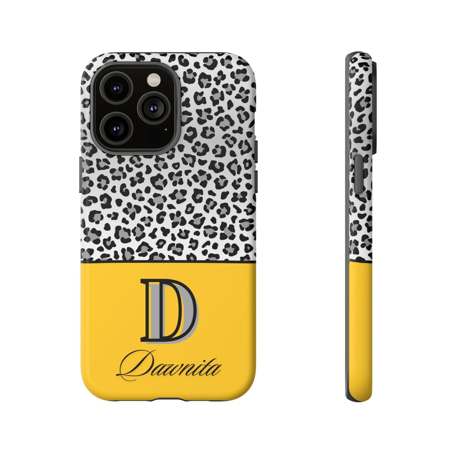 Gray Leopard Print and Yellow Personalized Name Phone Case - for iPhone, Samsung, and Google Phones