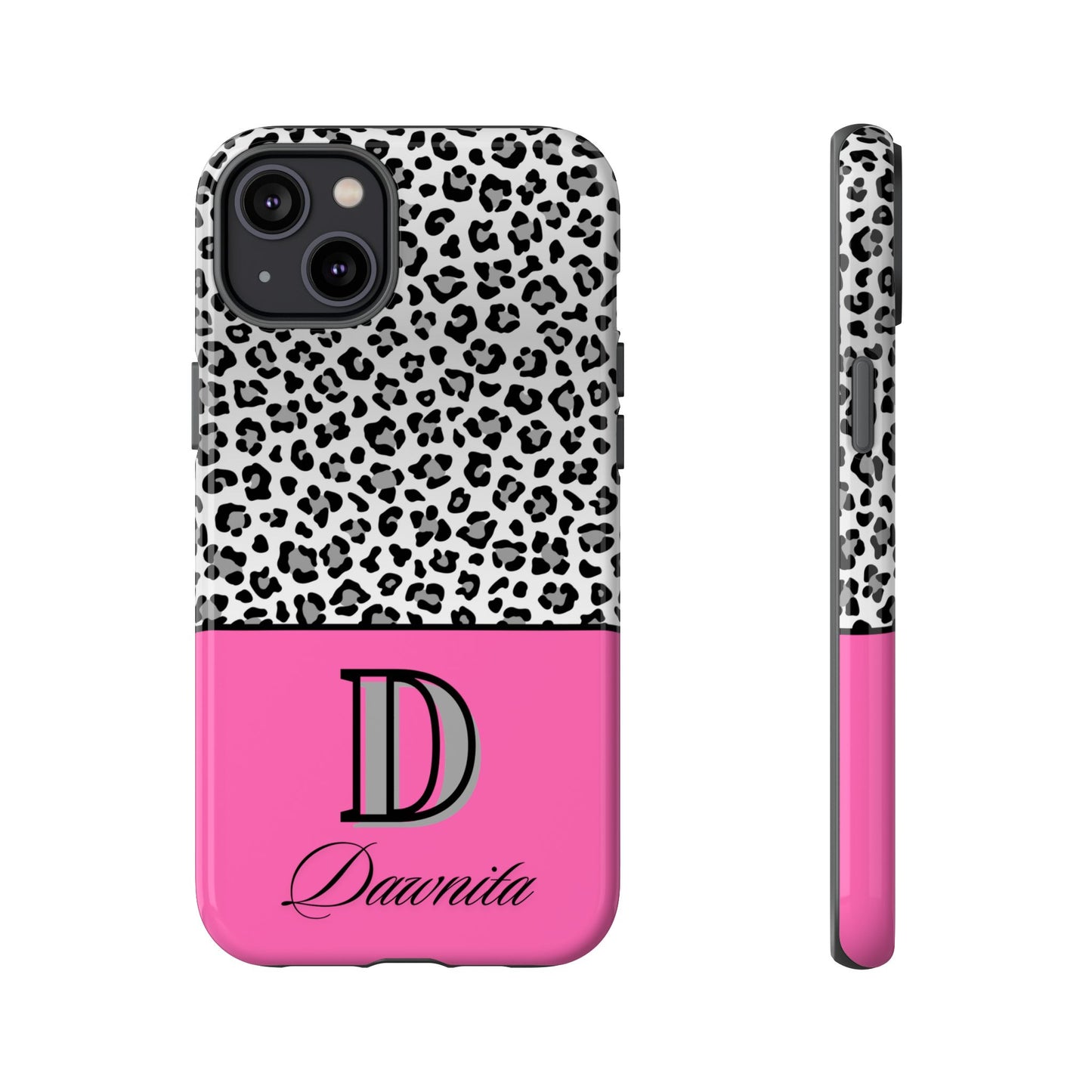 Gray Leopard Print and Pink Personalized Name Phone Case - for iPhone, Samsung, and Google Phones