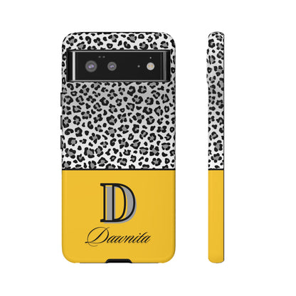 Gray Leopard Print and Yellow Personalized Name Phone Case - for iPhone, Samsung, and Google Phones