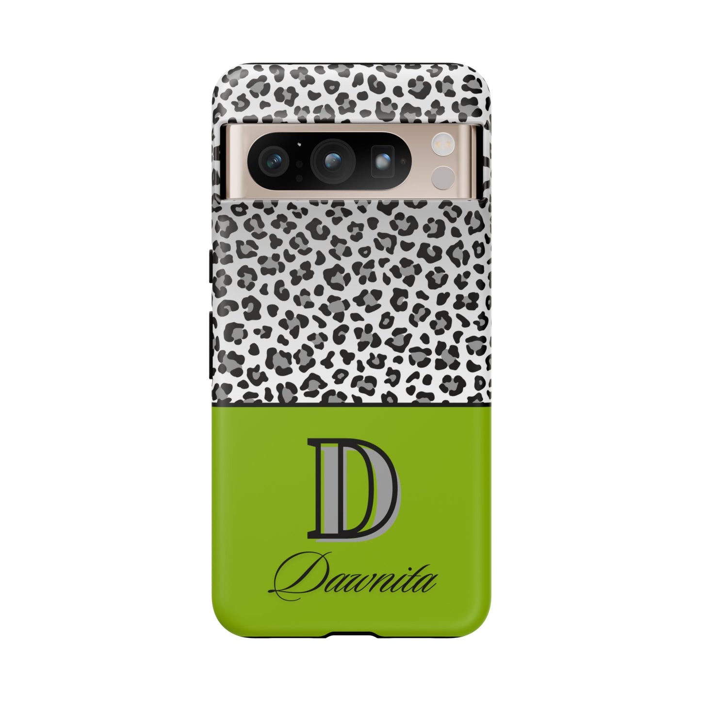 Gray Leopard Print and Green Personalized Name Phone Case - for iPhone, Samsung, and Google Phones