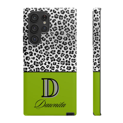 Gray Leopard Print and Green Personalized Name Phone Case - for iPhone, Samsung, and Google Phones