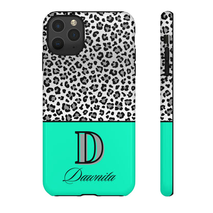 Gray Leopard Print and Teal Personalized Name Phone Case - for iPhone, Samsung, and Google Phones