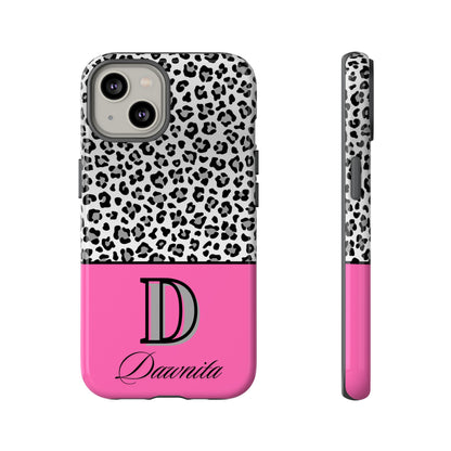 Gray Leopard Print and Pink Personalized Name Phone Case - for iPhone, Samsung, and Google Phones