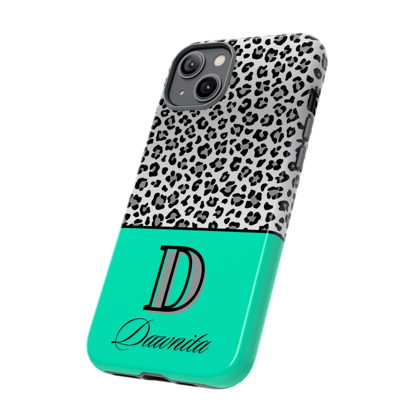 Gray Leopard Print and Teal Personalized Name Phone Case - for iPhone, Samsung, and Google Phones