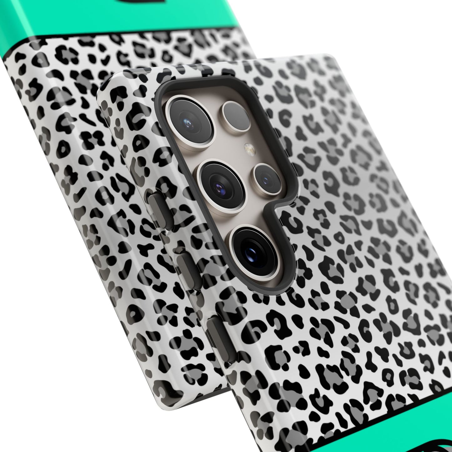 Gray Leopard Print and Teal Personalized Name Phone Case - for iPhone, Samsung, and Google Phones