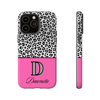 Gray Leopard Print and Pink Personalized Name Phone Case - for iPhone, Samsung, and Google Phones