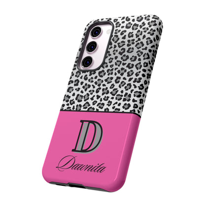 Gray Leopard Print and Pink Personalized Name Phone Case - for iPhone, Samsung, and Google Phones