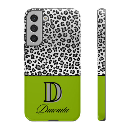 Gray Leopard Print and Green Personalized Name Phone Case - for iPhone, Samsung, and Google Phones